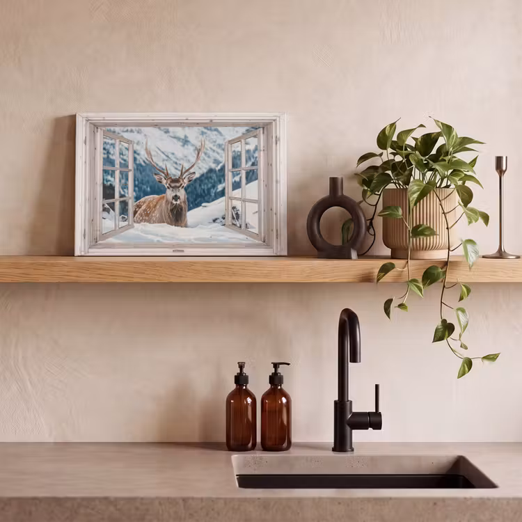 Canvas schilderij - Hert - Winterlandschap - Natuur - Dieren - Doorkijk - Bergen — 3