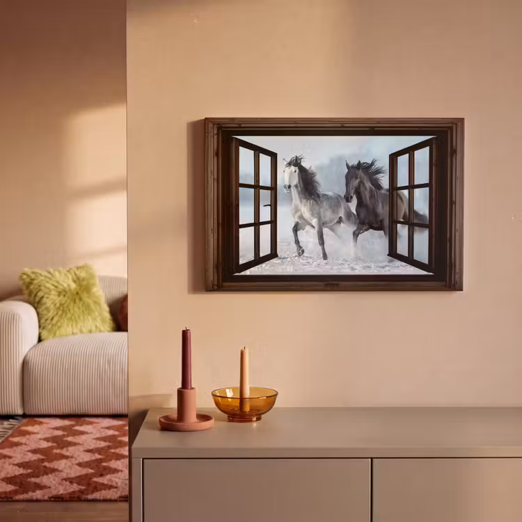 Canvas schilderij - Paarden - Winter - Dieren - Natuur - Doorkijk — 2