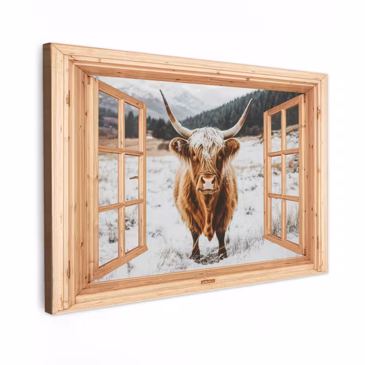 Canvas schilderij - Schotse Hooglander - Landschap - Landelijk - Bergen - Winter - Doorkijk — 1