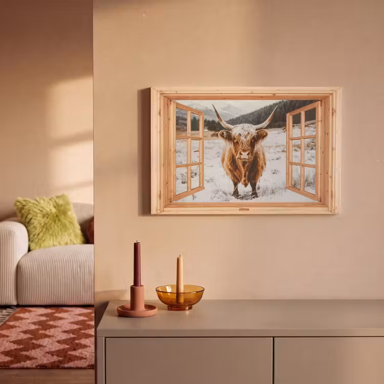 Canvas schilderij - Schotse Hooglander - Landschap - Landelijk - Bergen - Winter - Doorkijk — 2