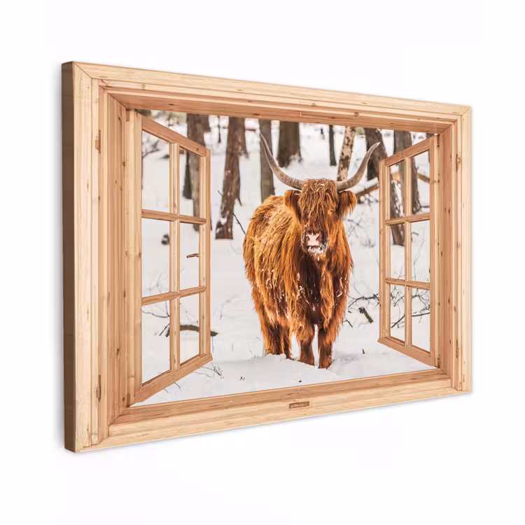 Canvas schilderij - Schotse Hooglander - Winter - Landschap - Natuur - Dieren - Doorkijk — 1