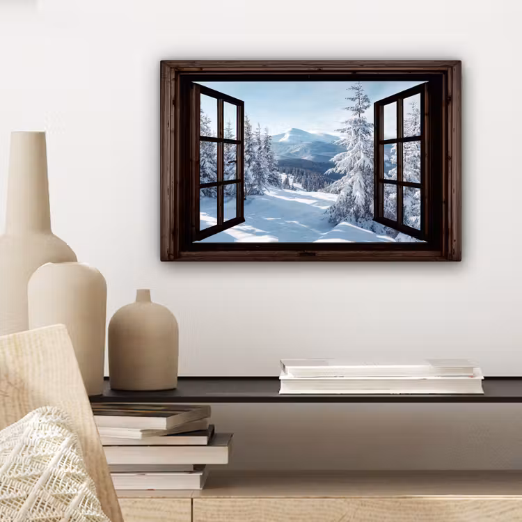 Canvas schilderij - Winter - Landschap - Natuur - Berg - Bomen - Doorkijk - Uitzicht — 5