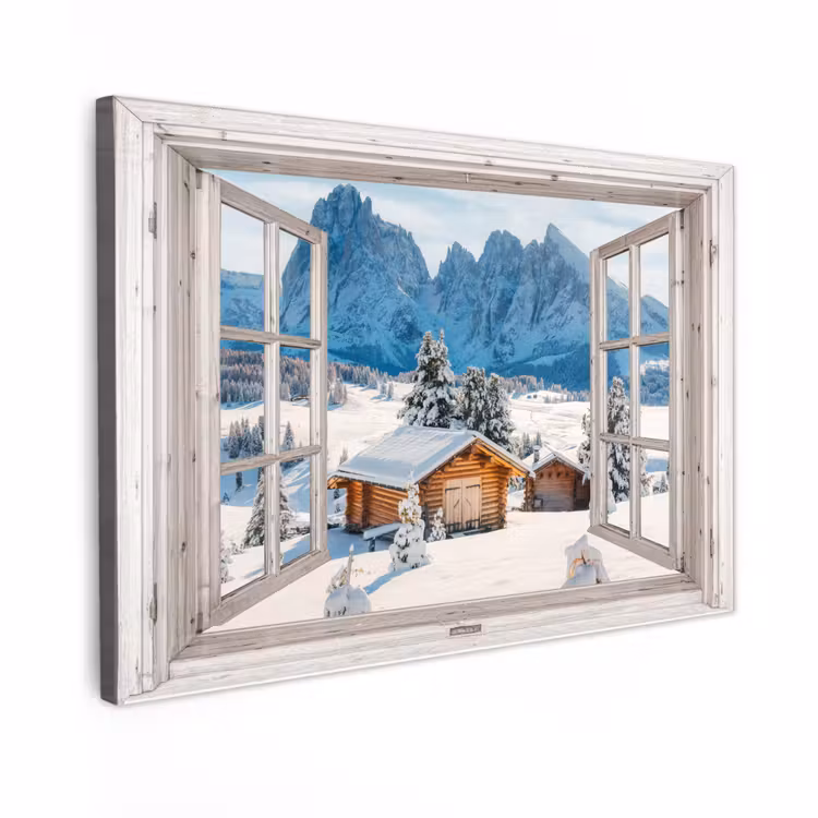 Canvas schilderij - Winterlandschap - Huisje - Bergen - Uitzicht - Doorkijk - Natuur — 1