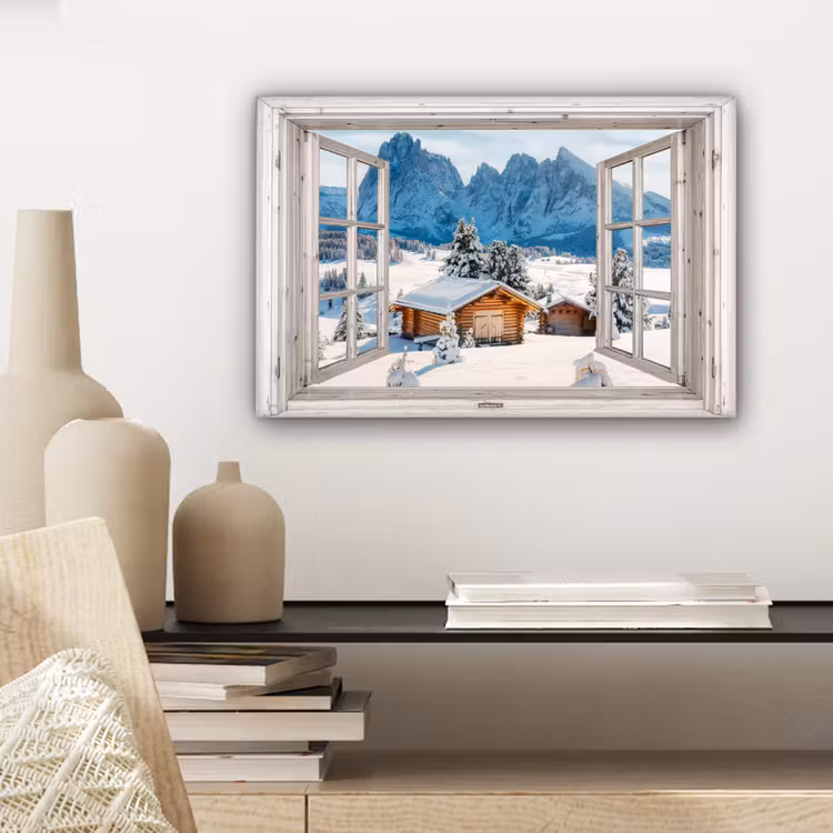 Canvas schilderij - Winterlandschap - Huisje - Bergen - Uitzicht - Doorkijk - Natuur — 5