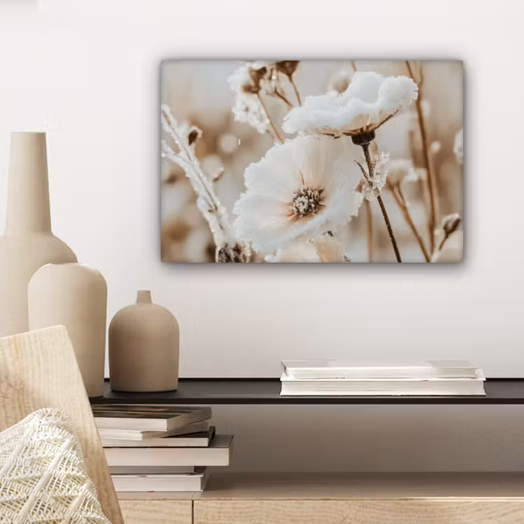 Canvas schilderij - Bloemen - Winter - Wit - Sneeuw - Beige — 5