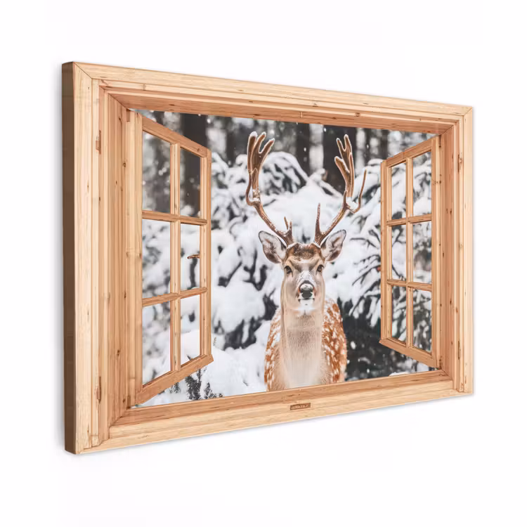 Canvas schilderij - Doorkijk - Hert - Sneeuw - Winter - Bos - Dieren — 1