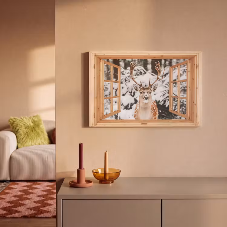 Canvas schilderij - Doorkijk - Hert - Sneeuw - Winter - Bos - Dieren — 2