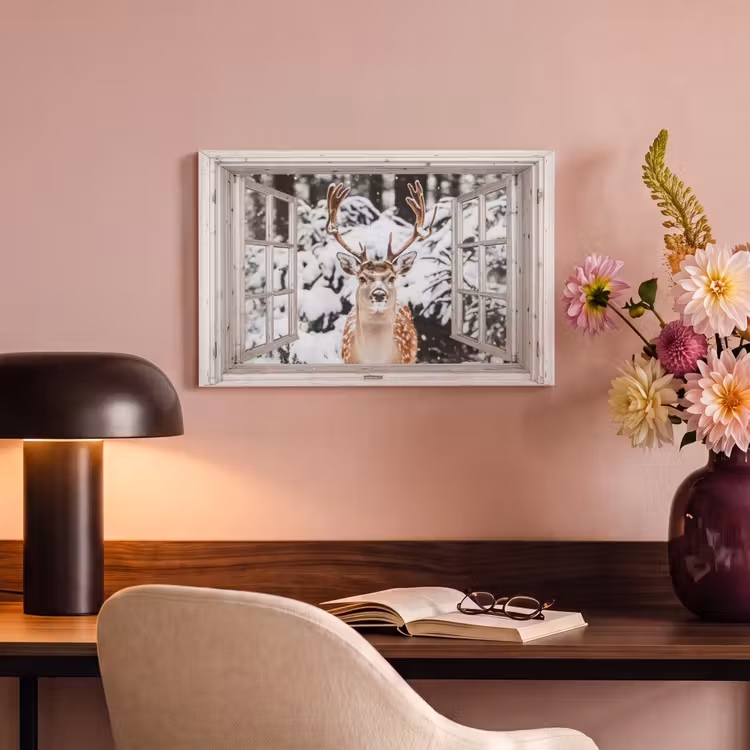 Canvas schilderij - Doorkijk - Hert - Sneeuw - Winter - Bos - Dieren - Natuur — 4