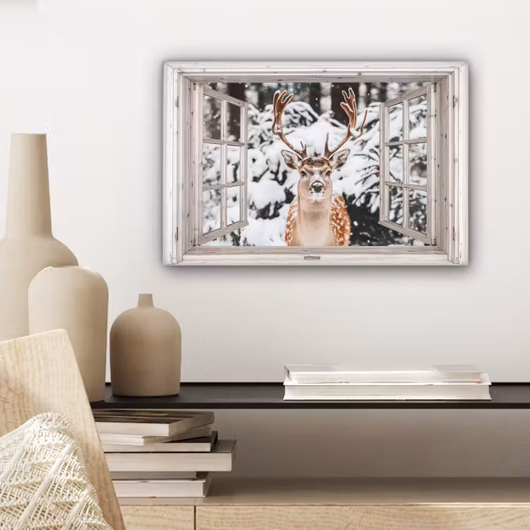 Canvas schilderij - Doorkijk - Hert - Sneeuw - Winter - Bos - Dieren - Natuur — 5