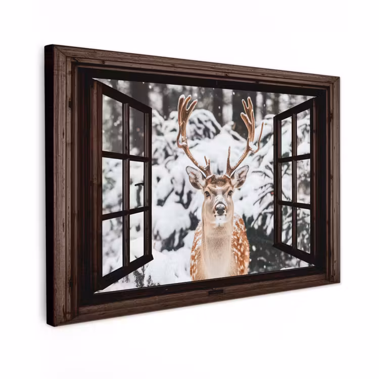 Canvas schilderij - Hert - Sneeuw - Winter - Bos - Dieren - Doorkijk — 1
