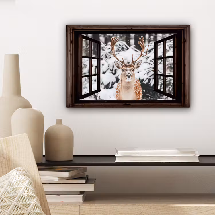 Canvas schilderij - Hert - Sneeuw - Winter - Bos - Dieren - Doorkijk — 5