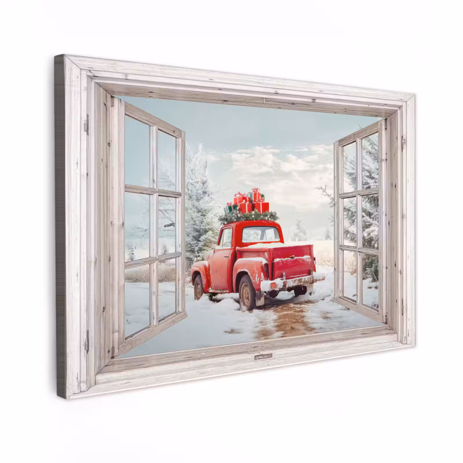 Canvas schilderij - Auto - Rood - Cadeaus - Winter - Kerst - Doorkijk - Wit — 1