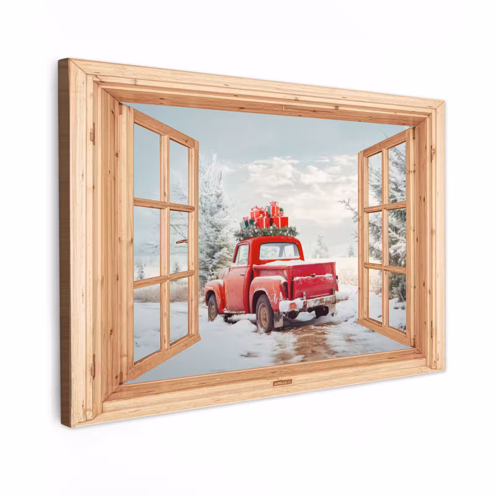 Canvas schilderij - Doorkijk - Auto - Kerst - Cadeaus - Winter - Landschap — 1