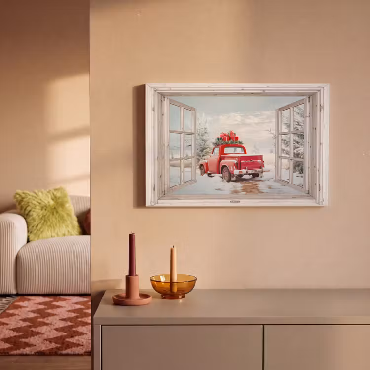 Canvas schilderij - Auto - Rood - Cadeaus - Winter - Kerst - Doorkijk - Wit — 2