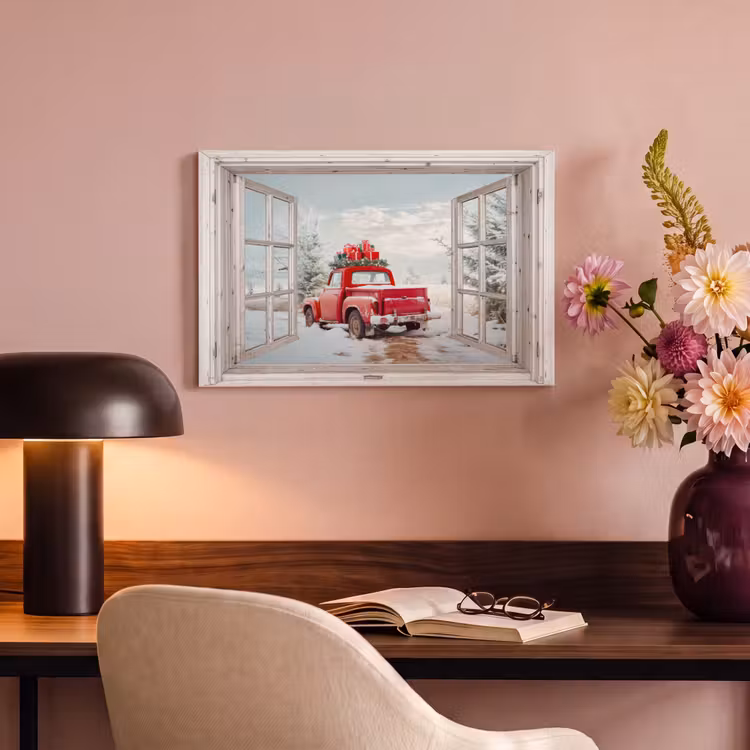 Canvas schilderij - Auto - Rood - Cadeaus - Winter - Kerst - Doorkijk - Wit — 4