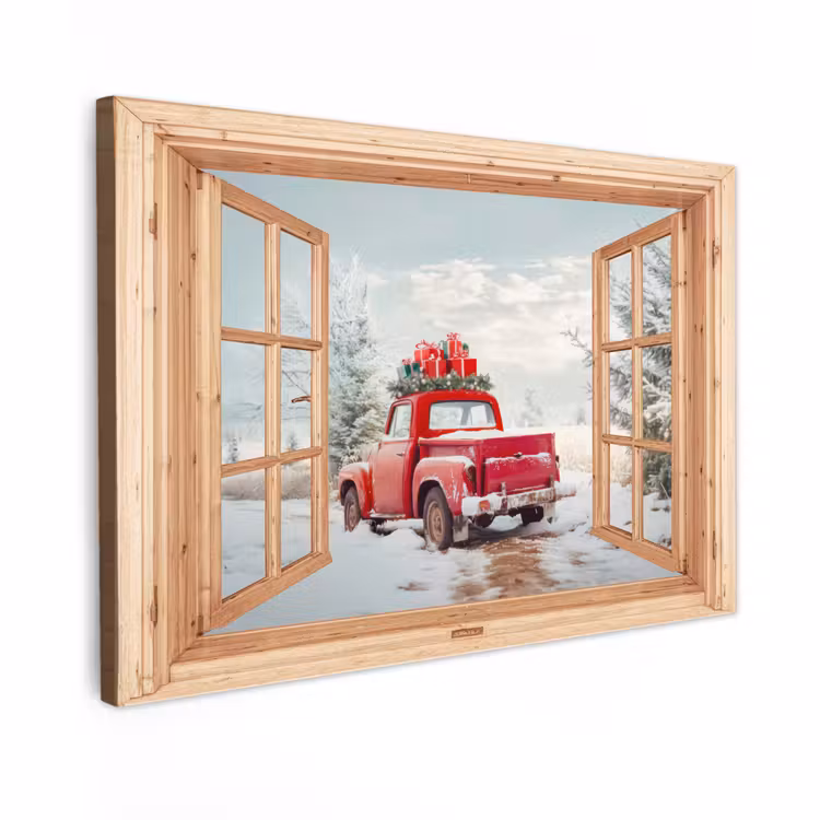 Canvas schilderij - Doorkijk - Auto - Kerst - Cadeaus - Winter - Landschap — 1
