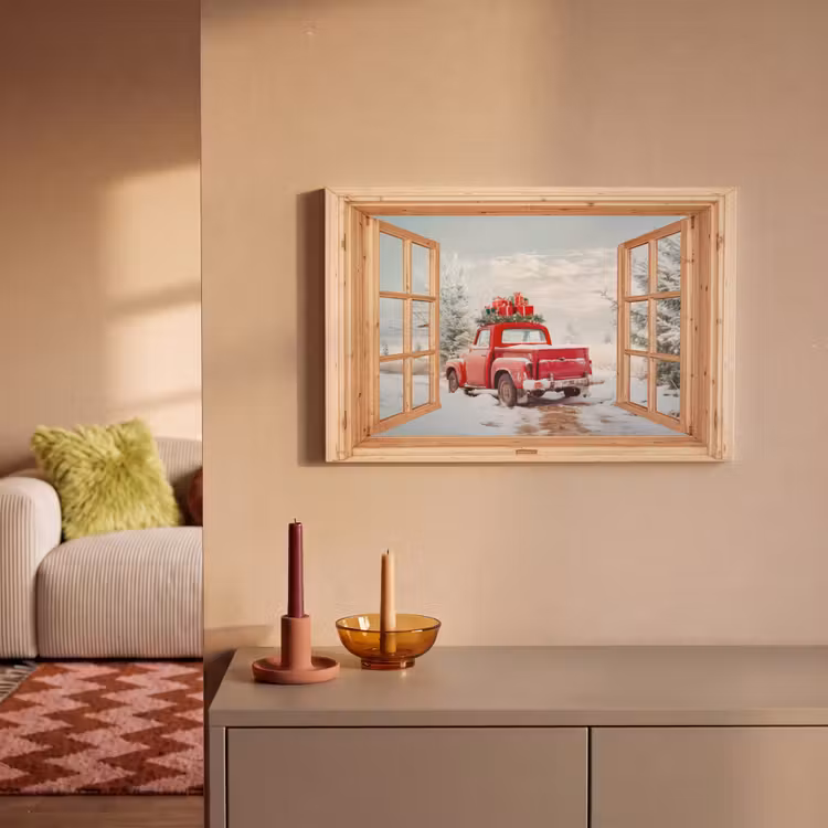 Canvas schilderij - Doorkijk - Auto - Kerst - Cadeaus - Winter - Landschap — 2