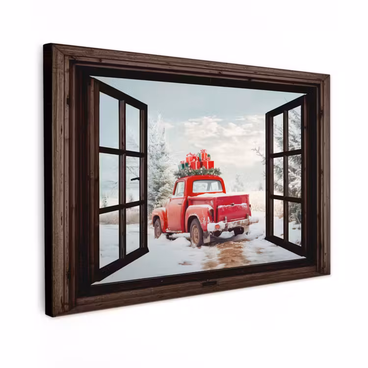 Canvas schilderij - Doorkijk - Auto - Rood - Cadeaus - Winterlandschap - Kerst — 1