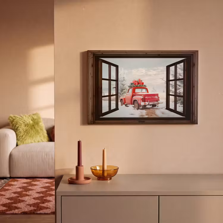 Canvas schilderij - Doorkijk - Auto - Rood - Cadeaus - Winterlandschap - Kerst — 2