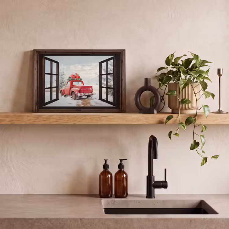 Canvas schilderij - Doorkijk - Auto - Rood - Cadeaus - Winterlandschap - Kerst — 3