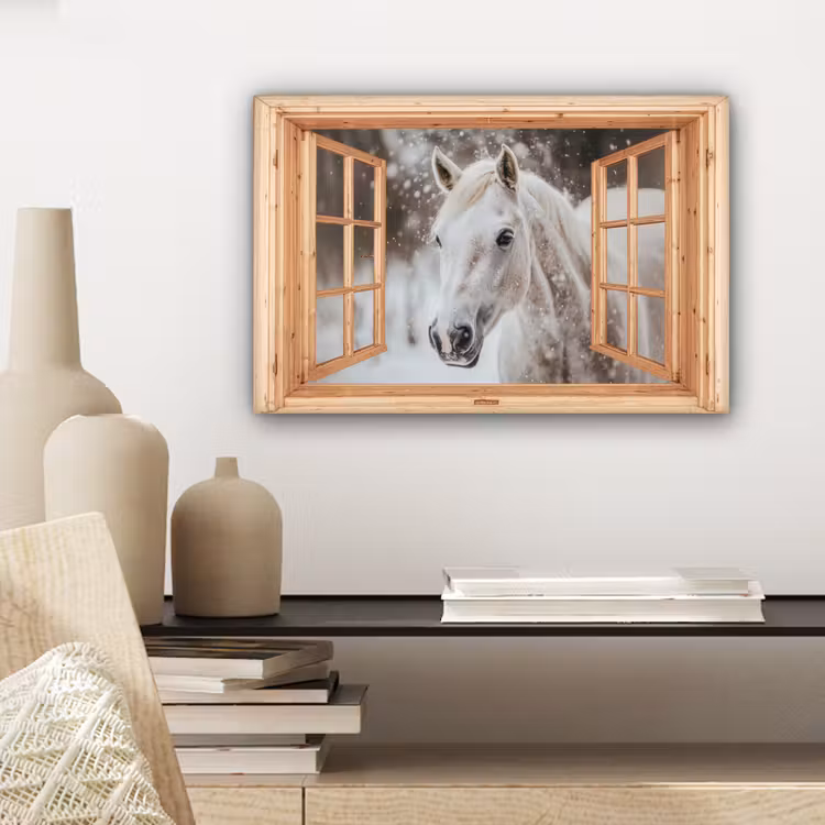 Canvas schilderij - Doorkijk - Paard - Wit - Winter - Sneeuw - Dieren — 5