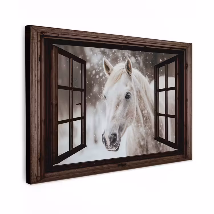 Canvas schilderij - Doorkijk - Paard - Wit - Winterlandschap - Sneeuw — 1