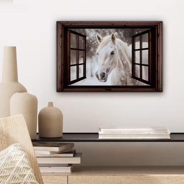 Canvas schilderij - Doorkijk - Paard - Wit - Winterlandschap - Sneeuw — 5