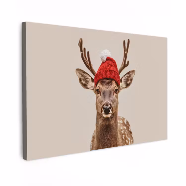 Canvas schilderij - Hert - Kerst - Muts - Dieren - Winter - Grappig — 1
