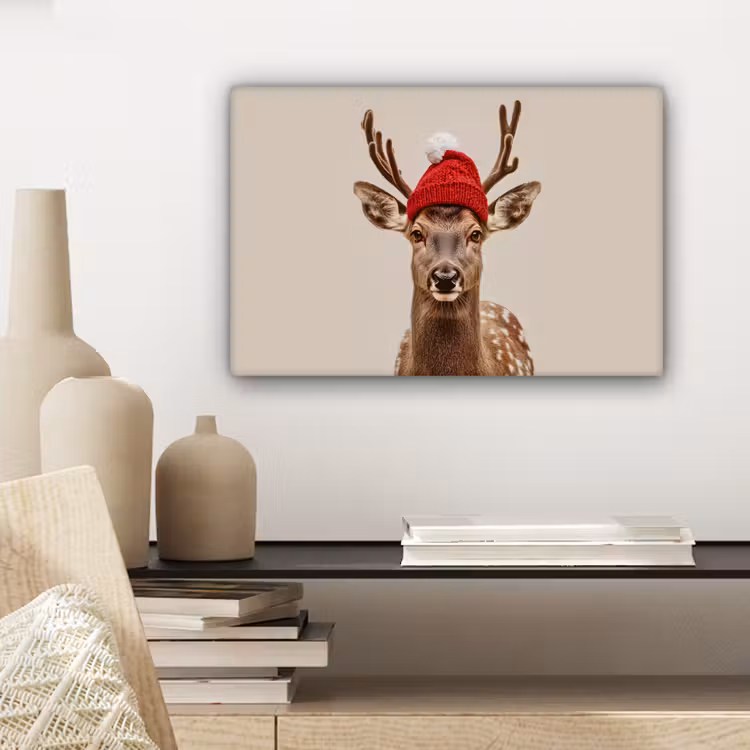 Canvas schilderij - Hert - Kerst - Muts - Dieren - Winter - Grappig — 5