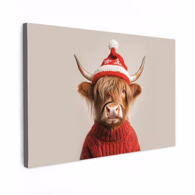 Canvas schilderij - Schotse Hooglander - Kerst - Muts - Trui - Winter — 1