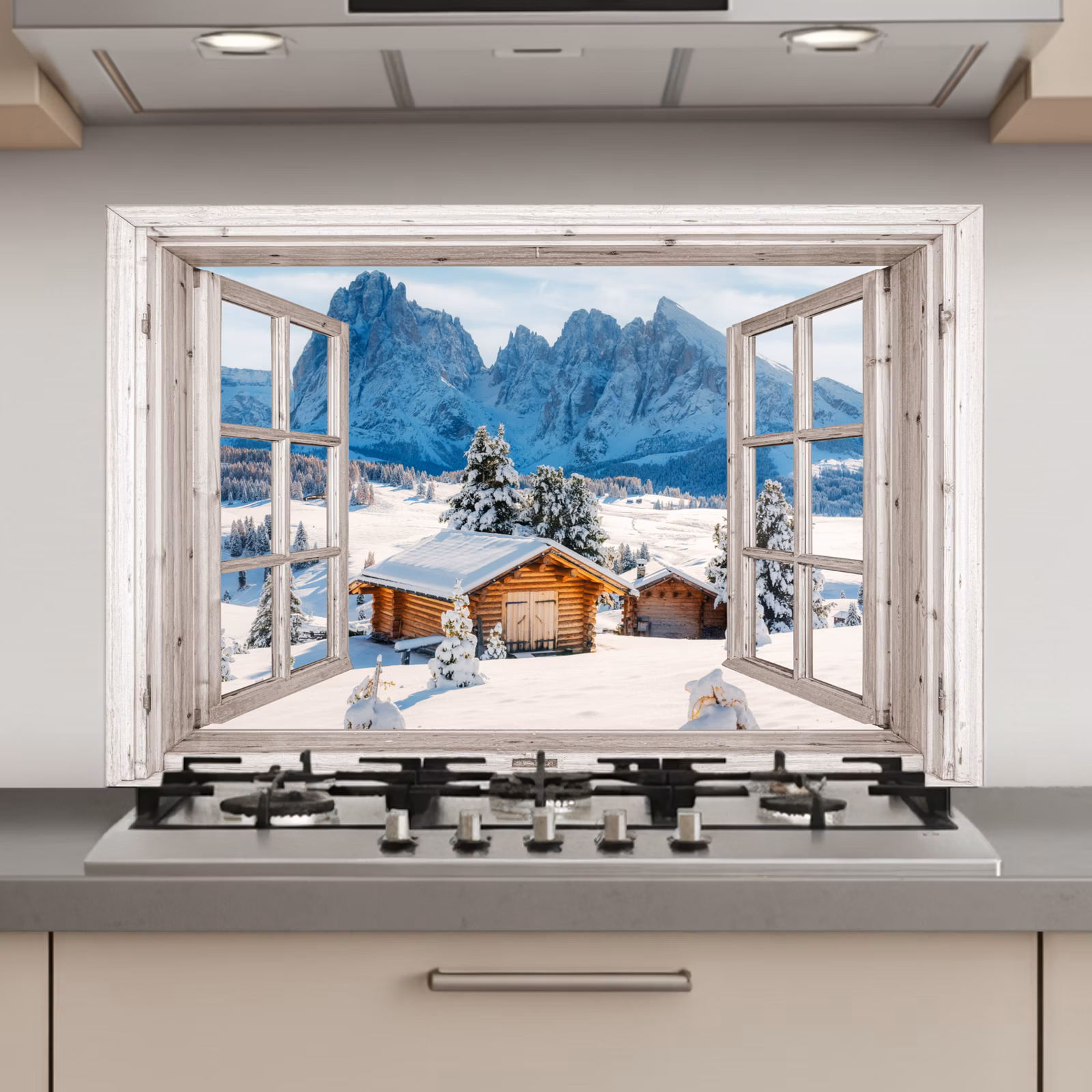 Keuken achterwand - Winterlandschap - Huisje - Bergen - Uitzicht - Doorkijk - Natuur — 1