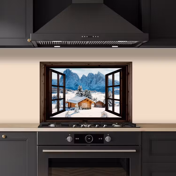 Keuken achterwand - Doorkijk - Winter - Landschap - Huisje - Bergen — 2