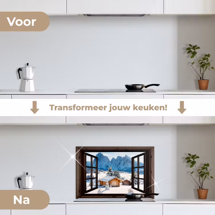 Keuken achterwand - Doorkijk - Winter - Landschap - Huisje - Bergen — 3