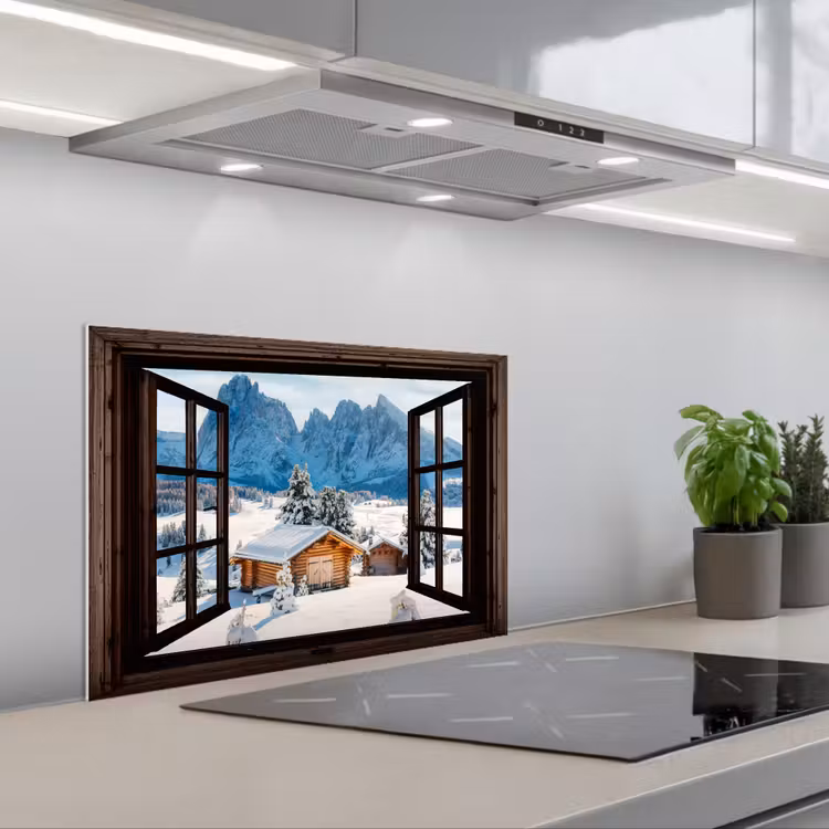 Keuken achterwand - Doorkijk - Winter - Landschap - Huisje - Bergen — 5