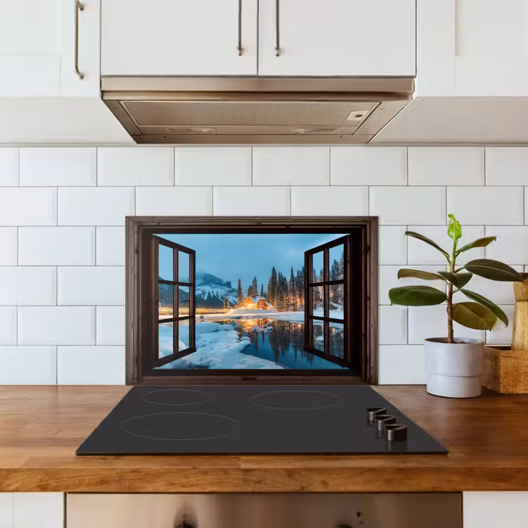 Keuken achterwand - Doorkijk - Winter - Landschap - Natuur - Huis - Bergen — 6