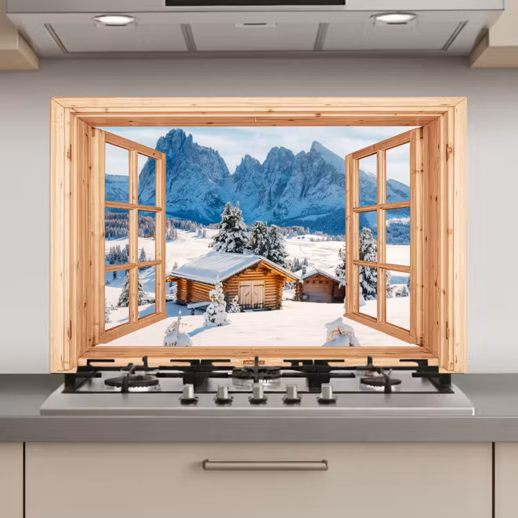 Keuken achterwand - Doorkijk - Winterlandschap - Huisje - Bergen - Uitzicht — 1
