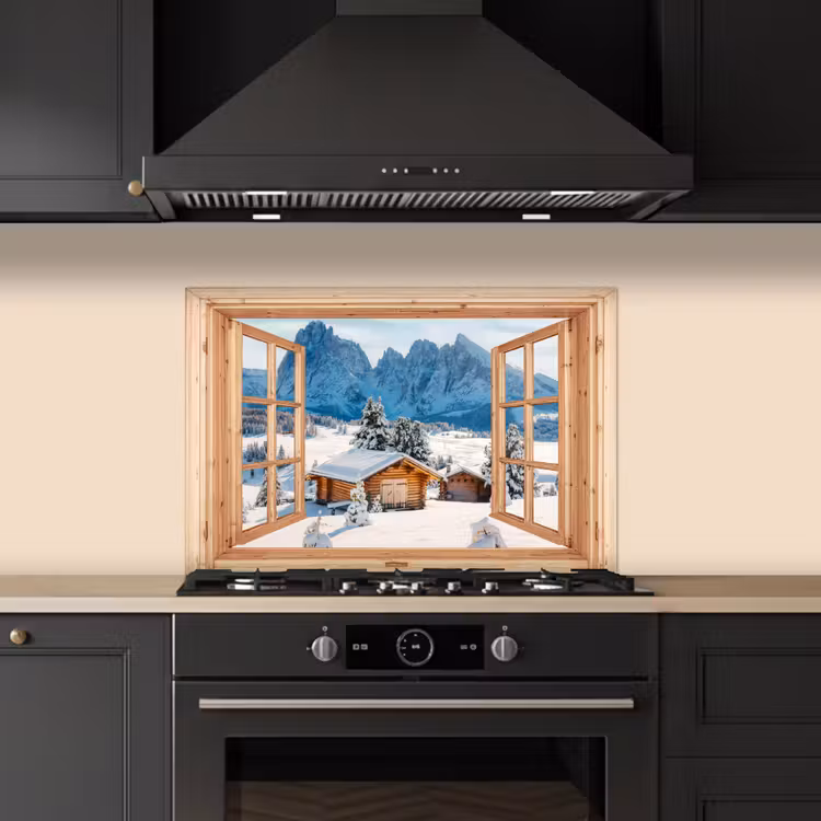 Keuken achterwand - Doorkijk - Winterlandschap - Huisje - Bergen - Uitzicht — 2