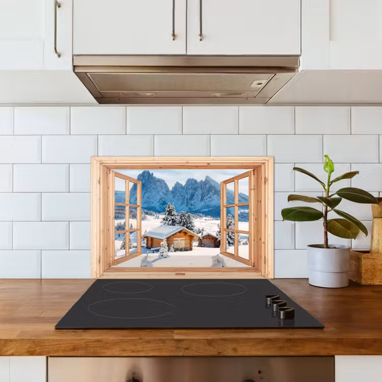 Keuken achterwand - Doorkijk - Winterlandschap - Huisje - Bergen - Uitzicht — 6