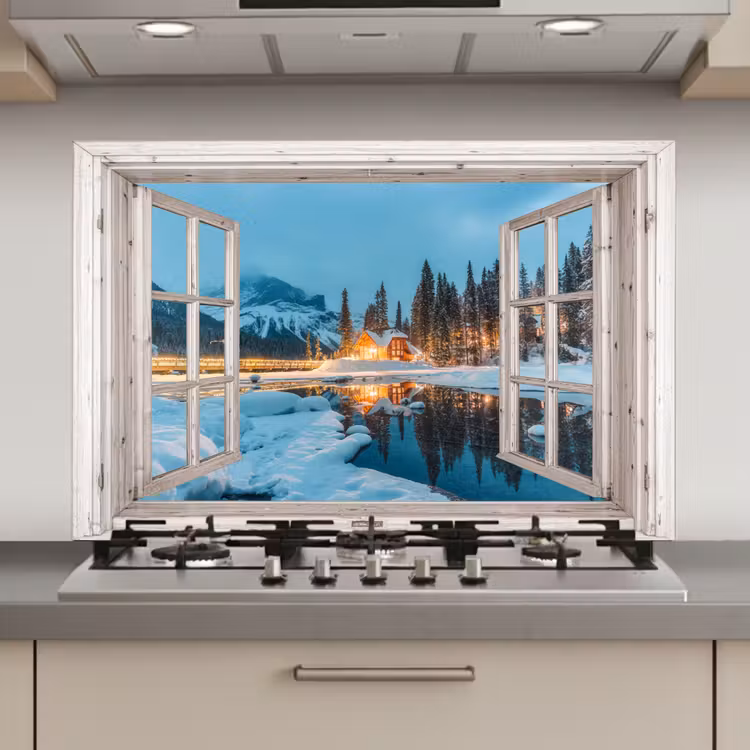 Keuken achterwand - Doorkijk - Winterlandschap - Natuur - Huis - Bergen — 1