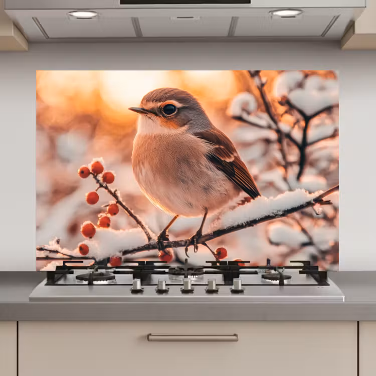 Keuken achterwand - Vogel - Tak - Winter - Dieren - Sneeuw — 1