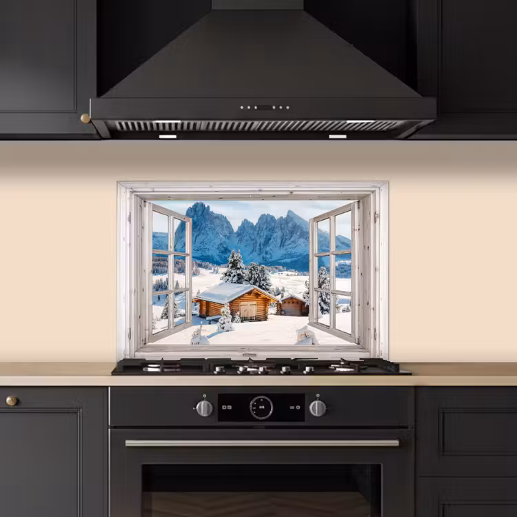 Keuken achterwand - Winterlandschap - Huisje - Bergen - Uitzicht - Doorkijk - Natuur — 2