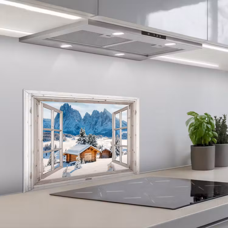 Keuken achterwand - Winterlandschap - Huisje - Bergen - Uitzicht - Doorkijk - Natuur — 5