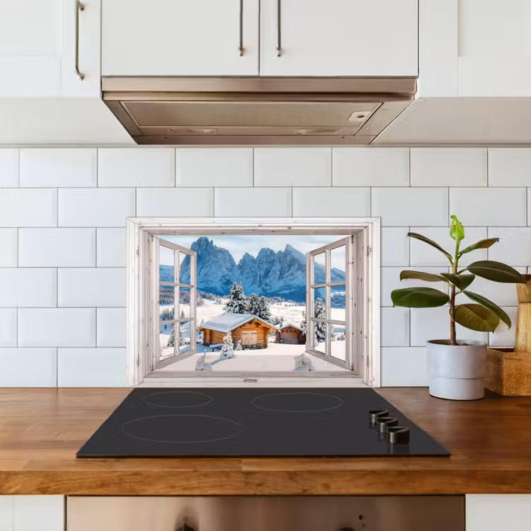 Keuken achterwand - Winterlandschap - Huisje - Bergen - Uitzicht - Doorkijk - Natuur — 6