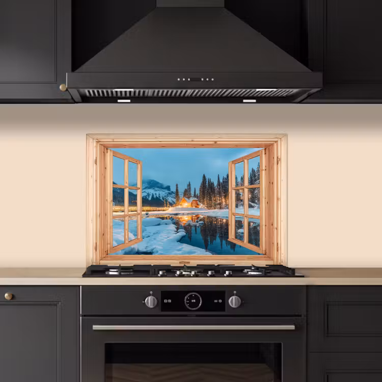 Keuken achterwand - Winterlandschap - Natuur - Huis - Bergen - Doorkijk - Raam — 2