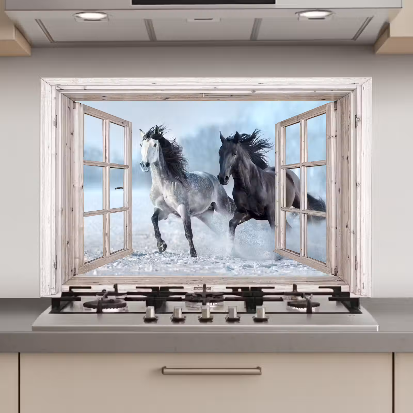 Keuken achterwand - Doorkijk - Paarden - Winter - Dieren - Natuur - Wit — 1