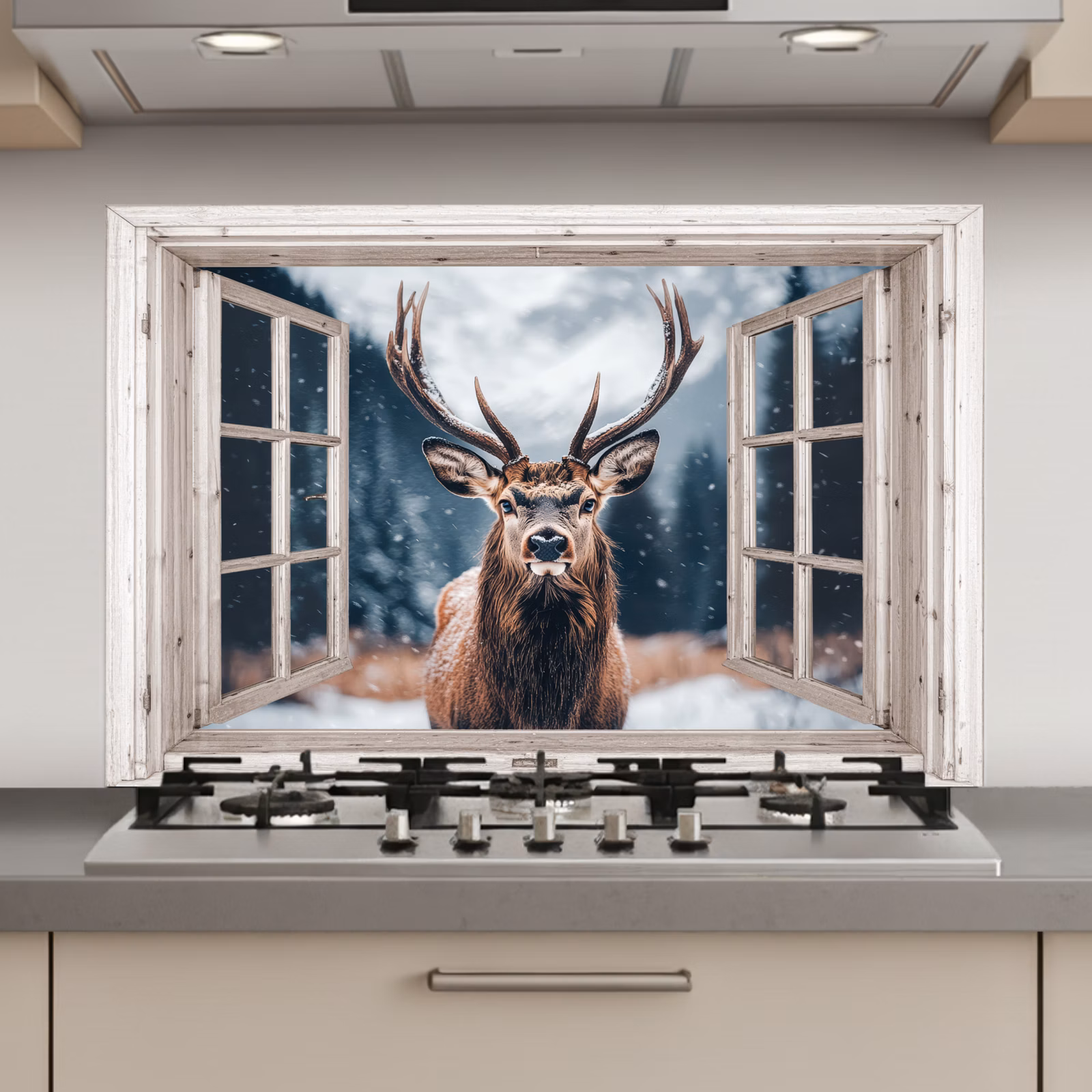 Keuken achterwand - Hert - Dieren - Landschap - Winter - Sneeuw - Doorkijk - Natuur — 1