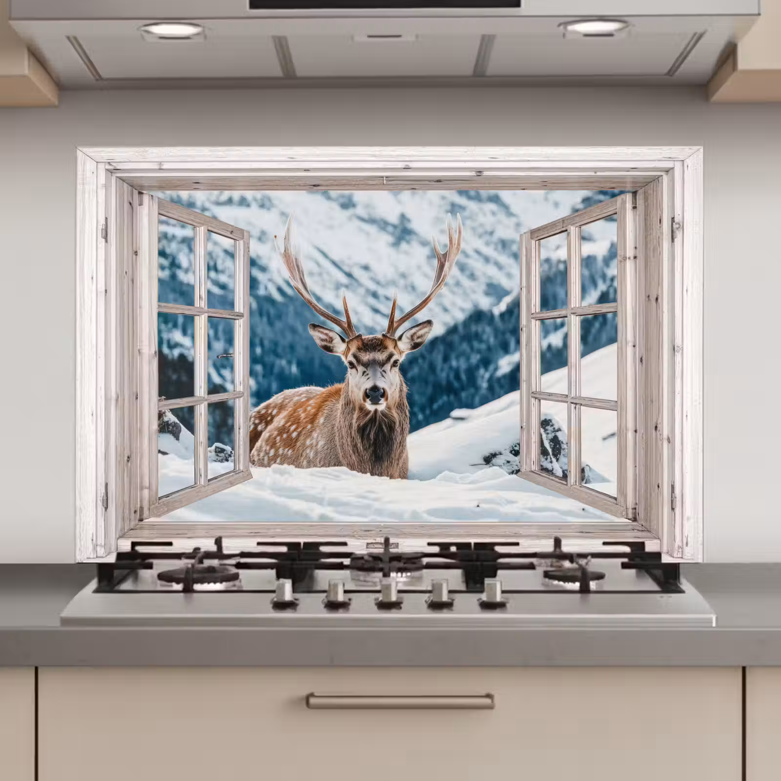 Keuken achterwand - Hert - Winterlandschap - Natuur - Dieren - Doorkijk - Bergen — 1