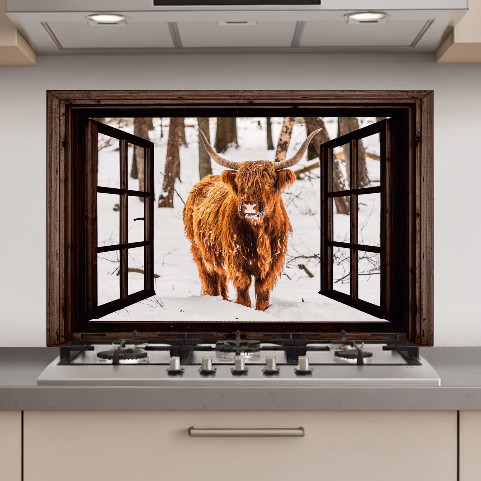 Keuken achterwand - Schotse Hooglander - Sneeuw - Natuur - Dieren - Doorkijk - Winter — 1