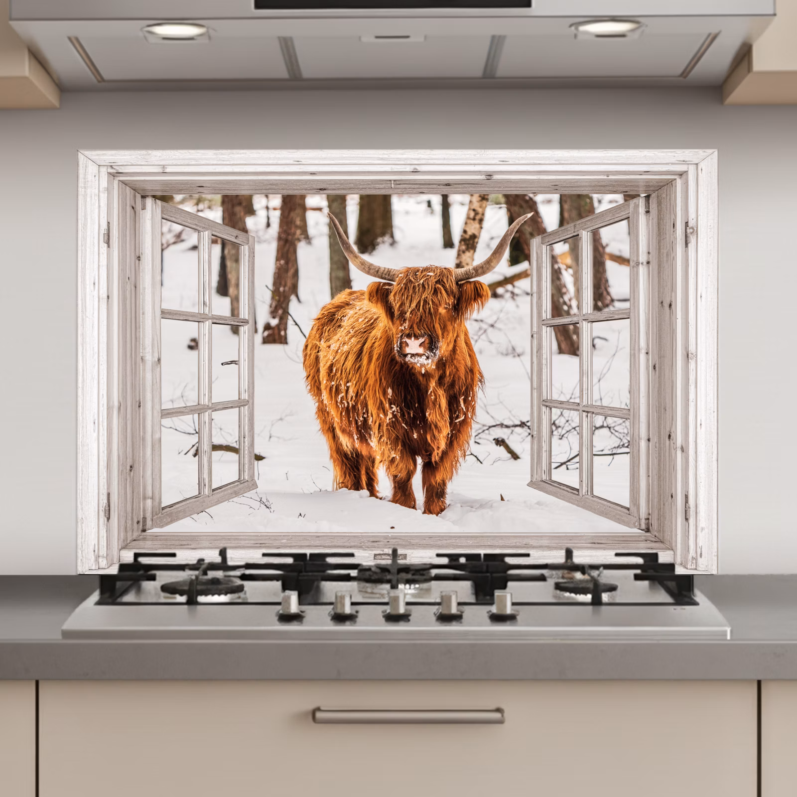 Keuken achterwand - Schotse Hooglander - Sneeuw - Winter - Natuur - Dier - Doorkijk - Landelijk — 1