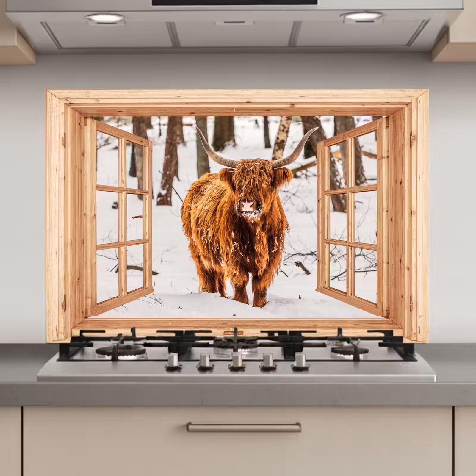 Keuken achterwand - Schotse Hooglander - Winter - Landschap - Natuur - Dieren - Doorkijk — 1